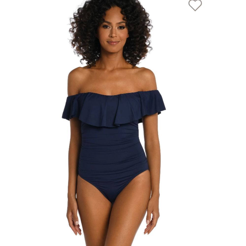 La Blanca Navy Blue Island Goddess Off Shoulder Ruffle One Piece Swimsuit Sz 14